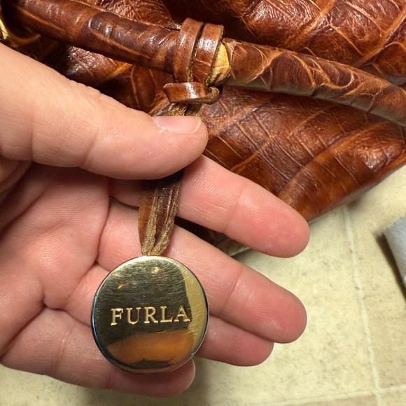 Vintage Y2K Furla Brown Croc-Embossed Genuine Leather Tote Bag - Picture 8 of 14